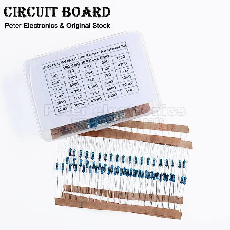 (600pcs) 1/4W Metal Film Resistor Assorted Kit 1% 10R 47R 100R 220R 330R 470R 510R 1K 5.1K 6.8K 10K 47K 51K Ohm 30Values x 20pcs