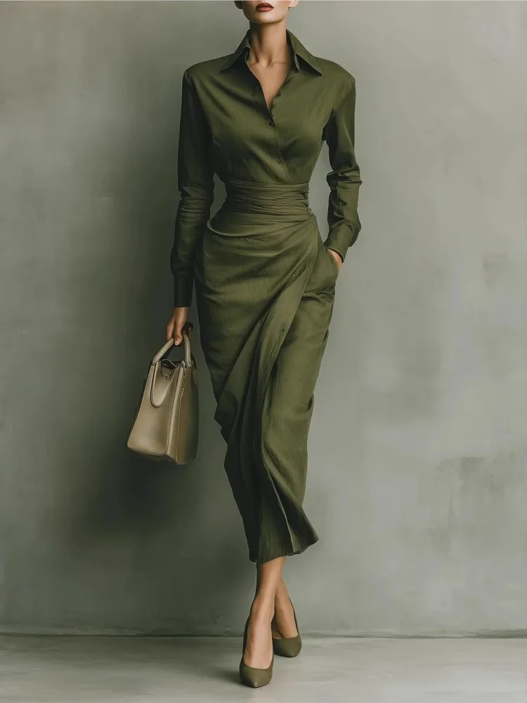 

New Casual Turn Down Collar Midi Dress Women Spring Autumn Long Sleeve Party Dress 2025 Patchwork Office Lady Slim Fit Dresses