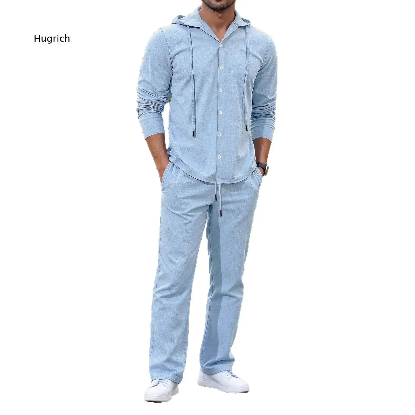 Men's 2 Piece Casual Outfit Set Hooded Long Sleeve Button Shirt And Drawstring Waist Pants Lightweight Loose Fit Suit