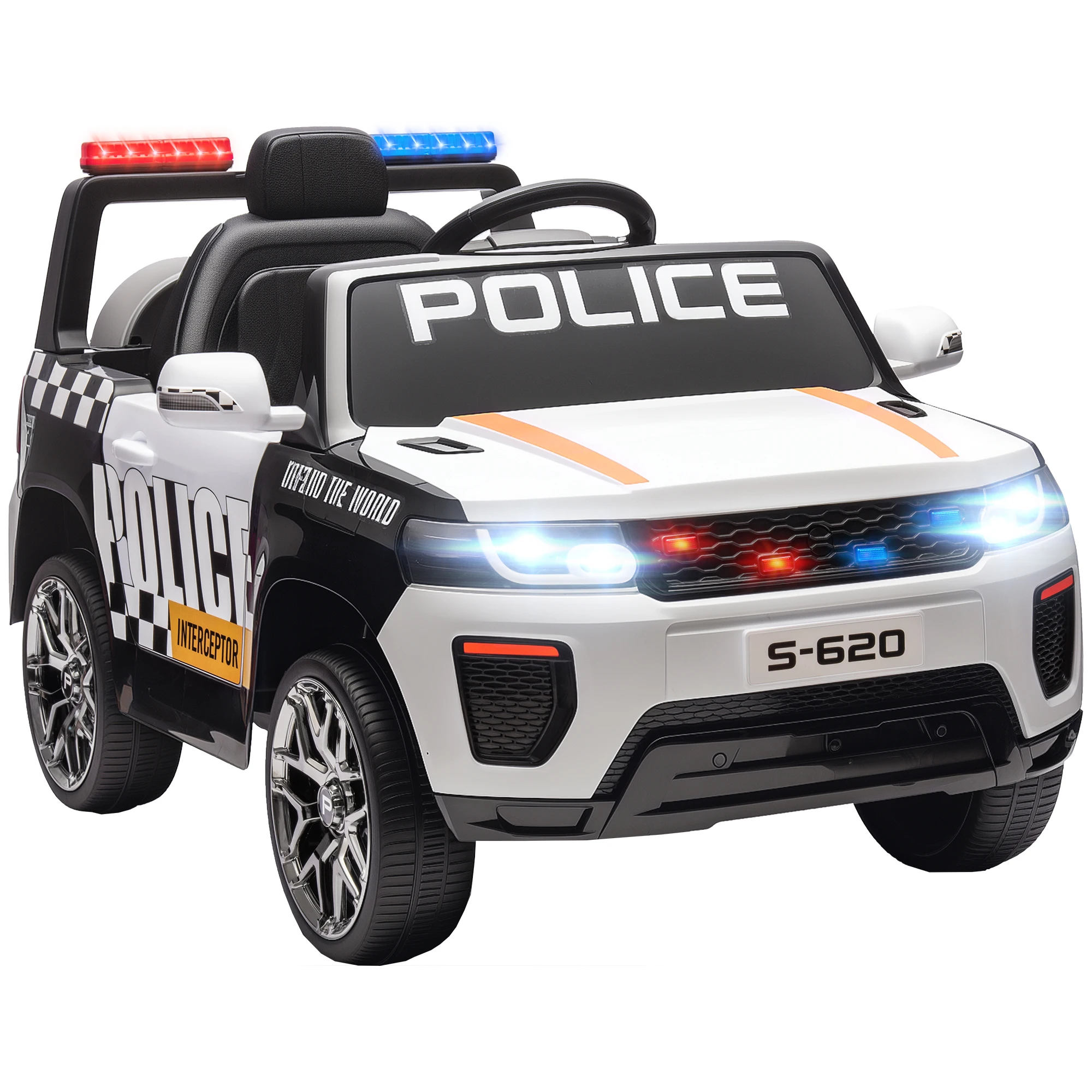 Aiyaplay elektrische politieauto voor kinderen, met dubbele motor, sirene, vierwielaandrijving en koplampen.