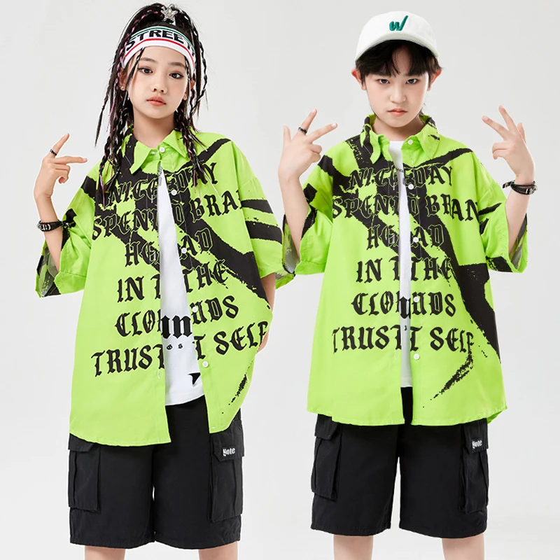 Summer Kids Street Wear Green Shirt Cargo Shorts Girls Boys Jazz Dance Costumes Hip Hop Clothing Kpop Stage Outfit SL10512