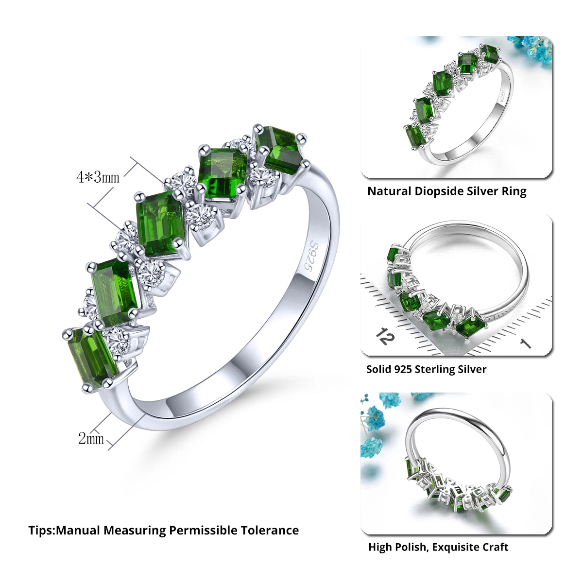 Natural Diopside Solid Sterling Silver Rings 1.1 Carats Genuine Green Gemstone Women Fine Jewelrys S925 Daily Style Gifts