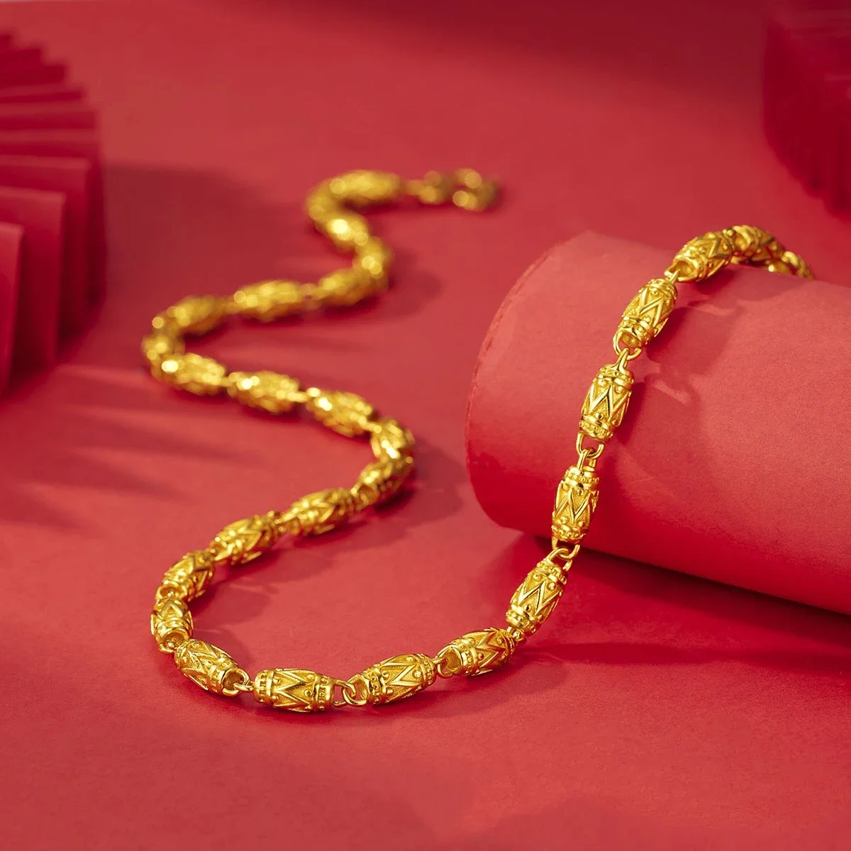 VivoGoldLuxury design 9999 24K real gold classic domineering men's olive bead necklace hip hop thick necklace