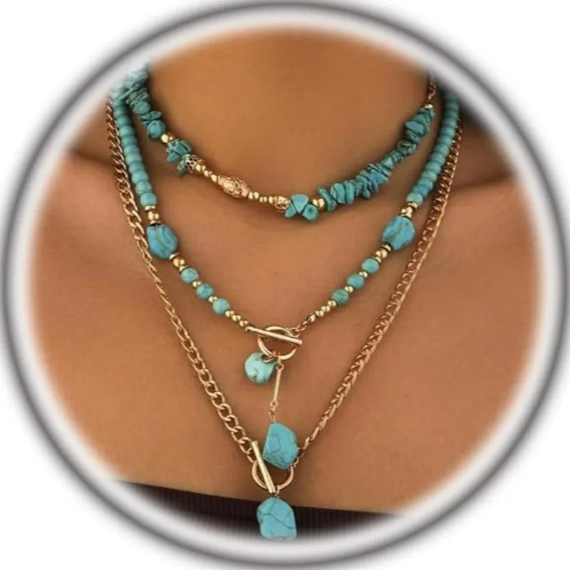 Chunky Turquoise Necklaces for Women Girls Vintage Gold Statement Bohemian Layered Necklaces Charm Beaded Choker Western Jewelry