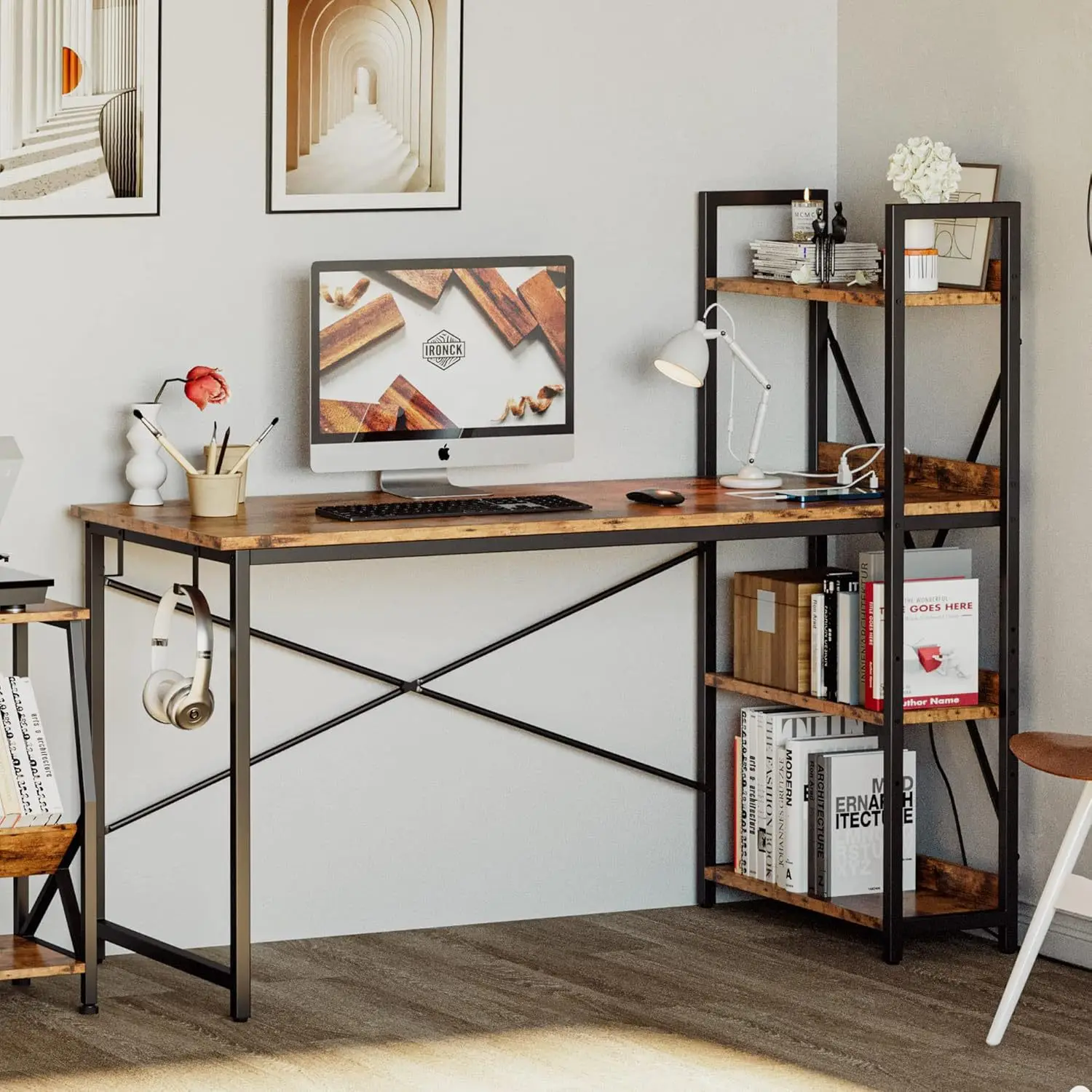 Home Office Computer Side Storage Display Stand USB Power Socket Writing Desk