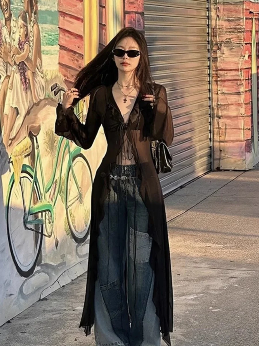 Dark Sexy Girl See-through Long Sleeve Wrap Cardigan Thin Lightweight Spring Summer Lace Shirt Korean Style Slim Fit V-neck