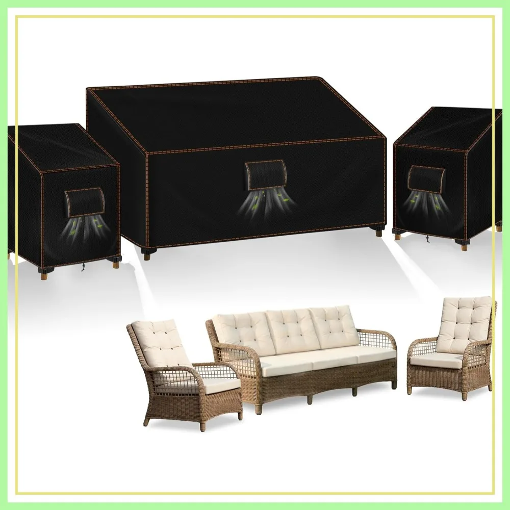 

3 Pcs Patio Furniture Covers Set, 420D Waterproof, Fits 3-Seater Sofa & Chairs, Windproof & Anti-UV, Black