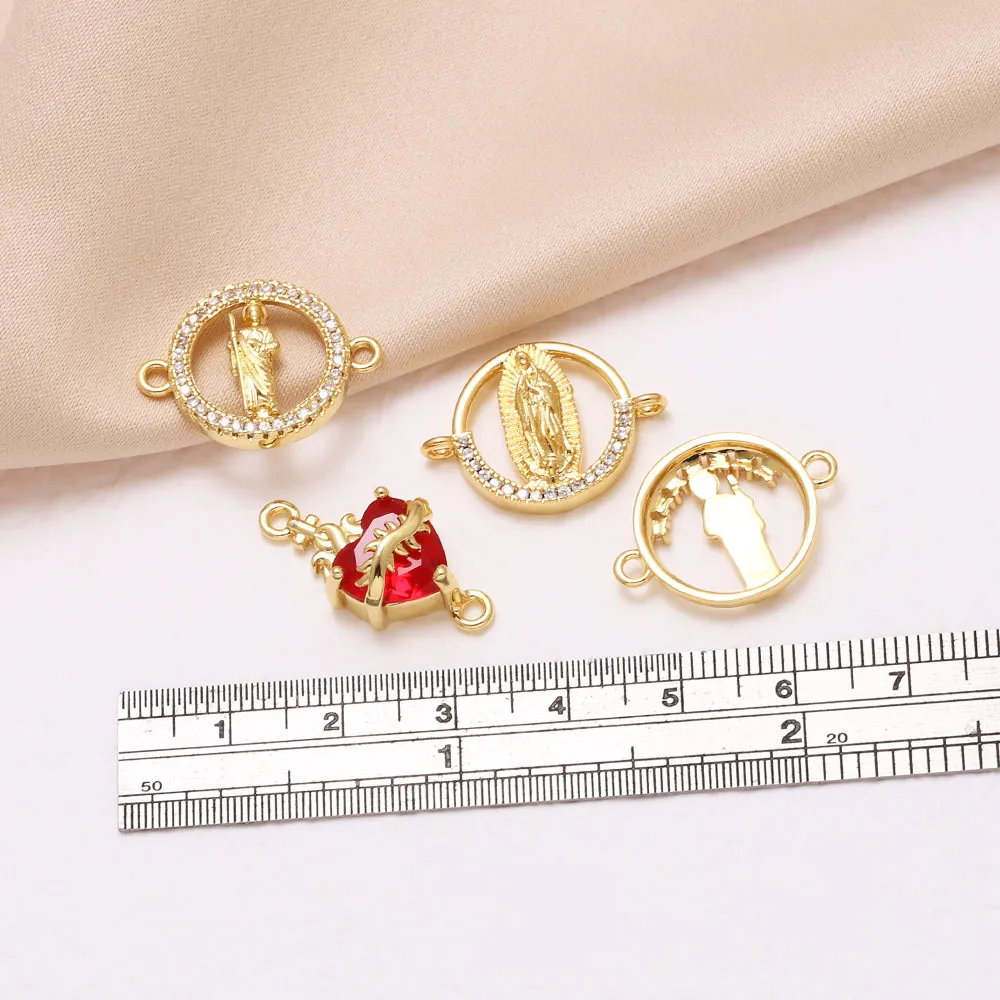 OCESRIO White Crystal San Benito Charm for Bracelet Copper Gold Plated Red Heart Virgin Mary Jewelry Making Supplies chma565