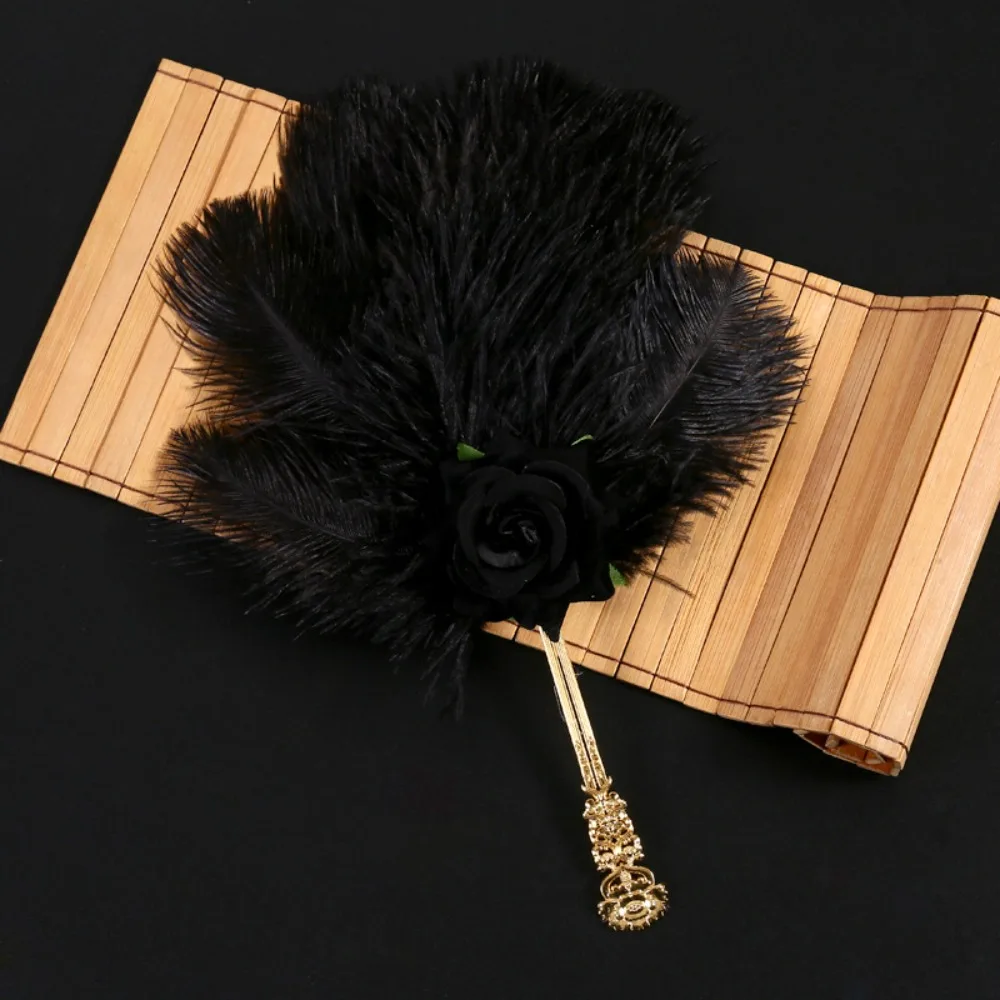 Gold Handle Ostrich Feather Fan Handmade Craft Artificial Rose Chinese Hand Fan Fan Soft Fluffy Dance Fan Party Occasions