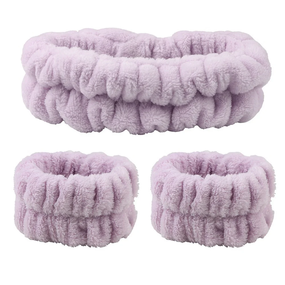 Douhoow Flannel Headband Fluffy Skincare Hairband and Scrunchies Cuffs for Shower Spa Headband and Wristband Set Headwear