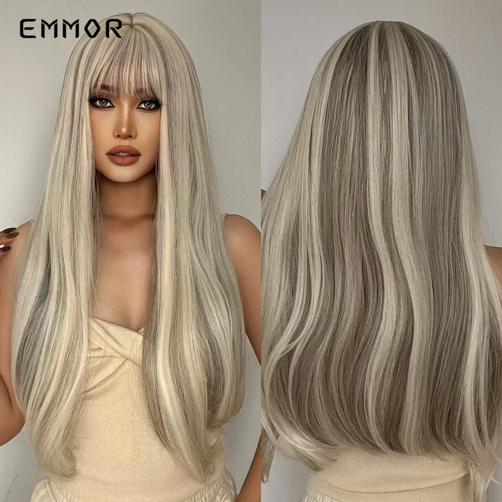 

Emmor Synthetic Ombre Silver to Gray Wigs for Women with Bangs Long Wavy Wig Party Daily Heat Resistant Fibre Hair Wigs