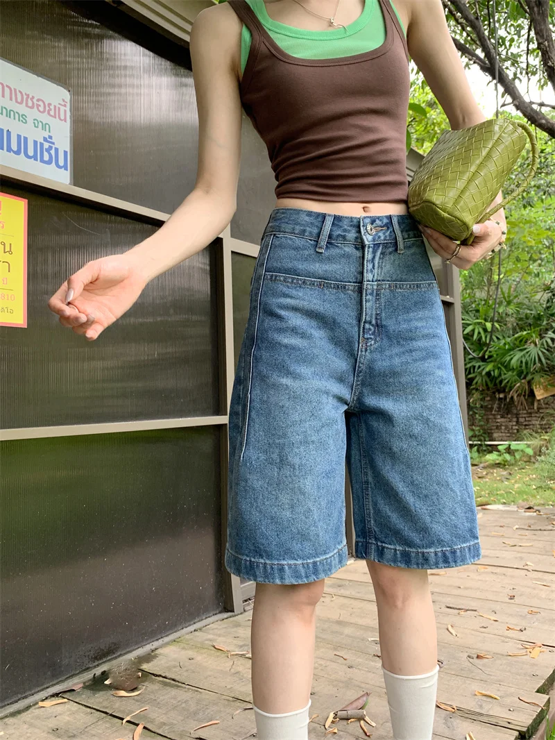 High-waisted A-line denim shorts for women summer thin wide-leg design slimming and flattering vintage blue in stock