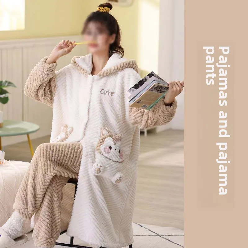 New Women\'s Autumn and Winter Plush Coral Velvet Nightgown Set Thickened Flannel Home Clothes Lingerie Quilted Pajamas Robe Bear