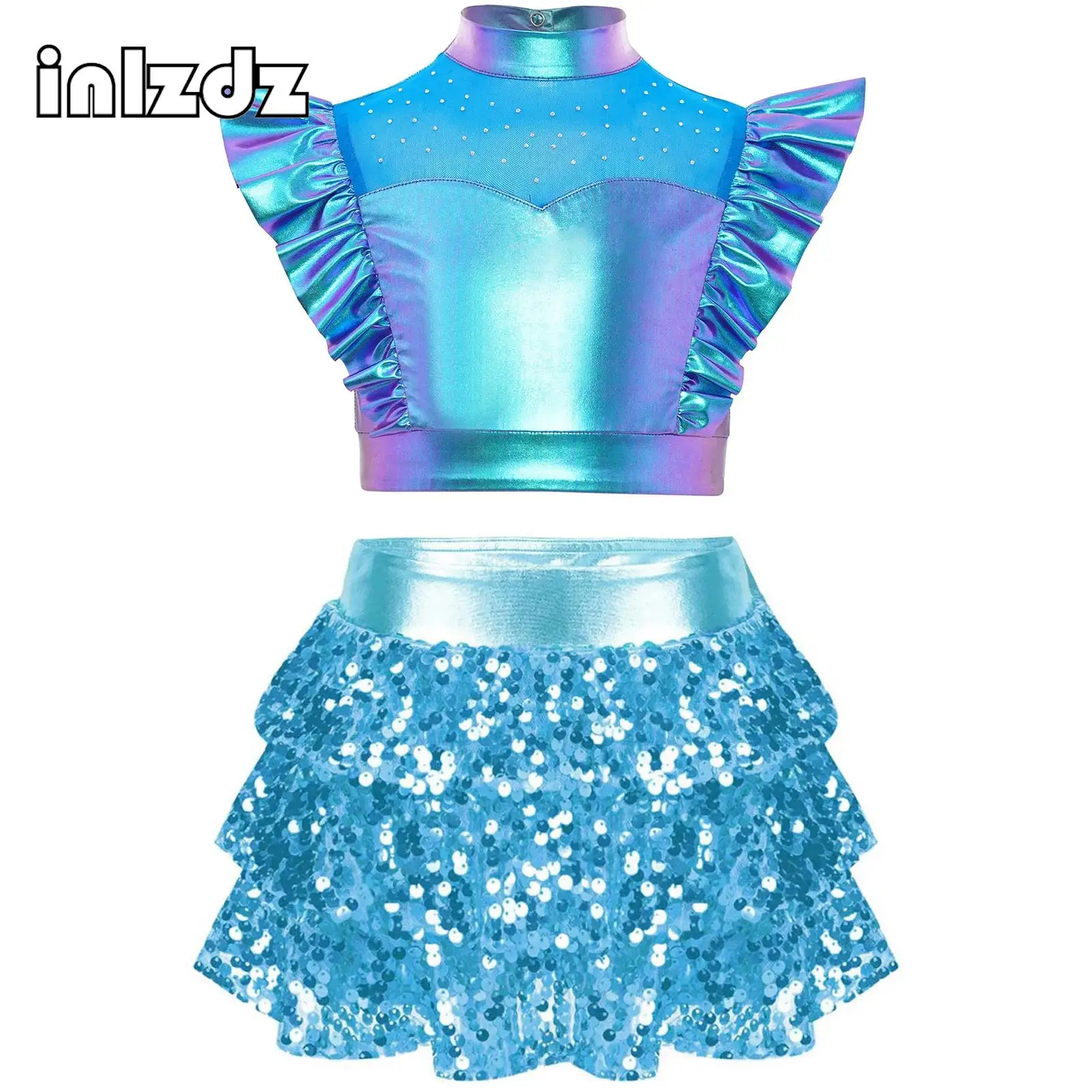 

Kids Girls Jazz Dance Outfit Rhinestone Sleeveless Metallic Crop Top with Sequins Tiered Ruffled Culottes for Hip-Hop Shows