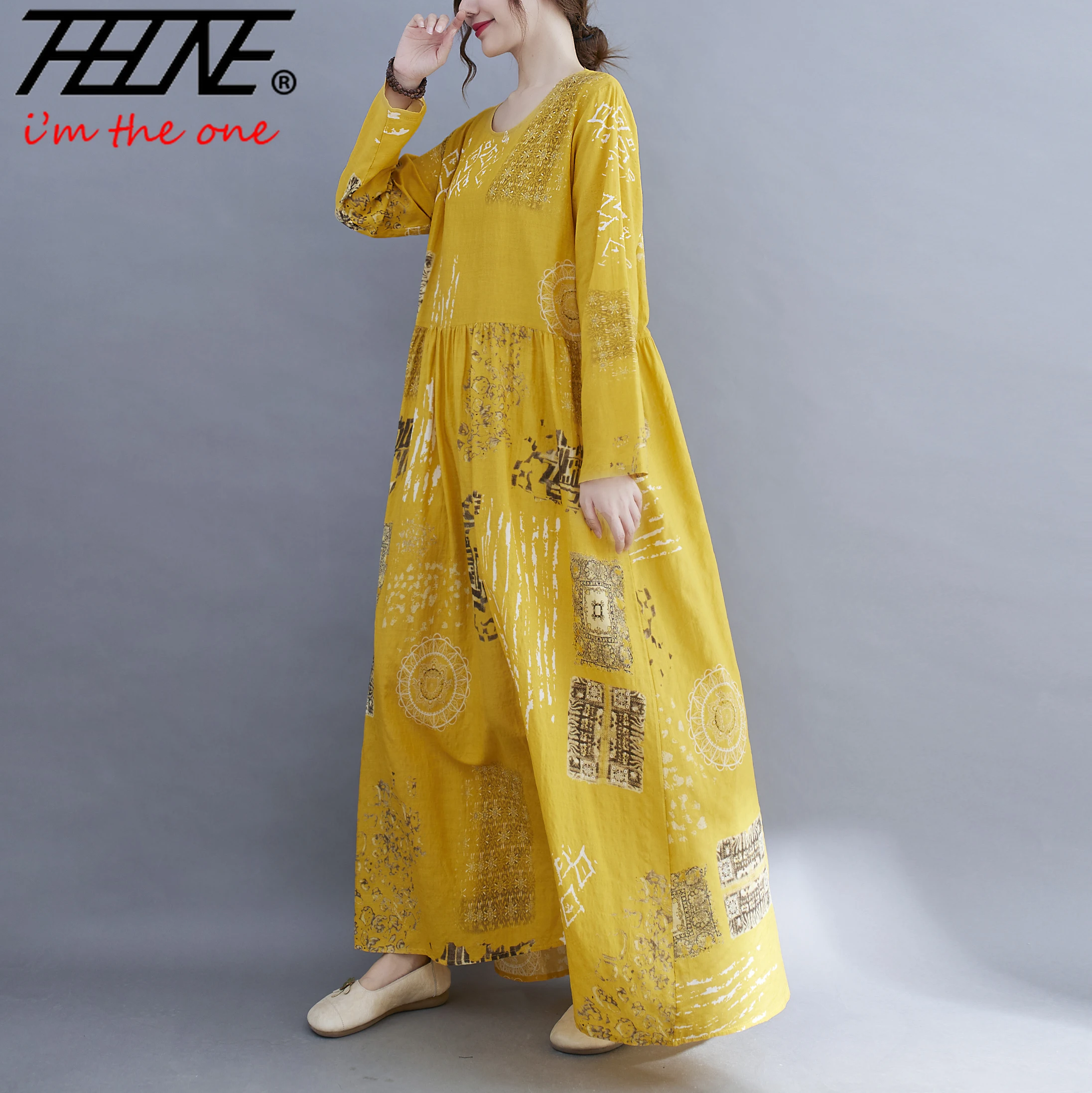 Robes en coton et lin pour femmes, robe maxi vintage, manches longues, imprimé bohème ou Boho, décontracté, automne, hiver