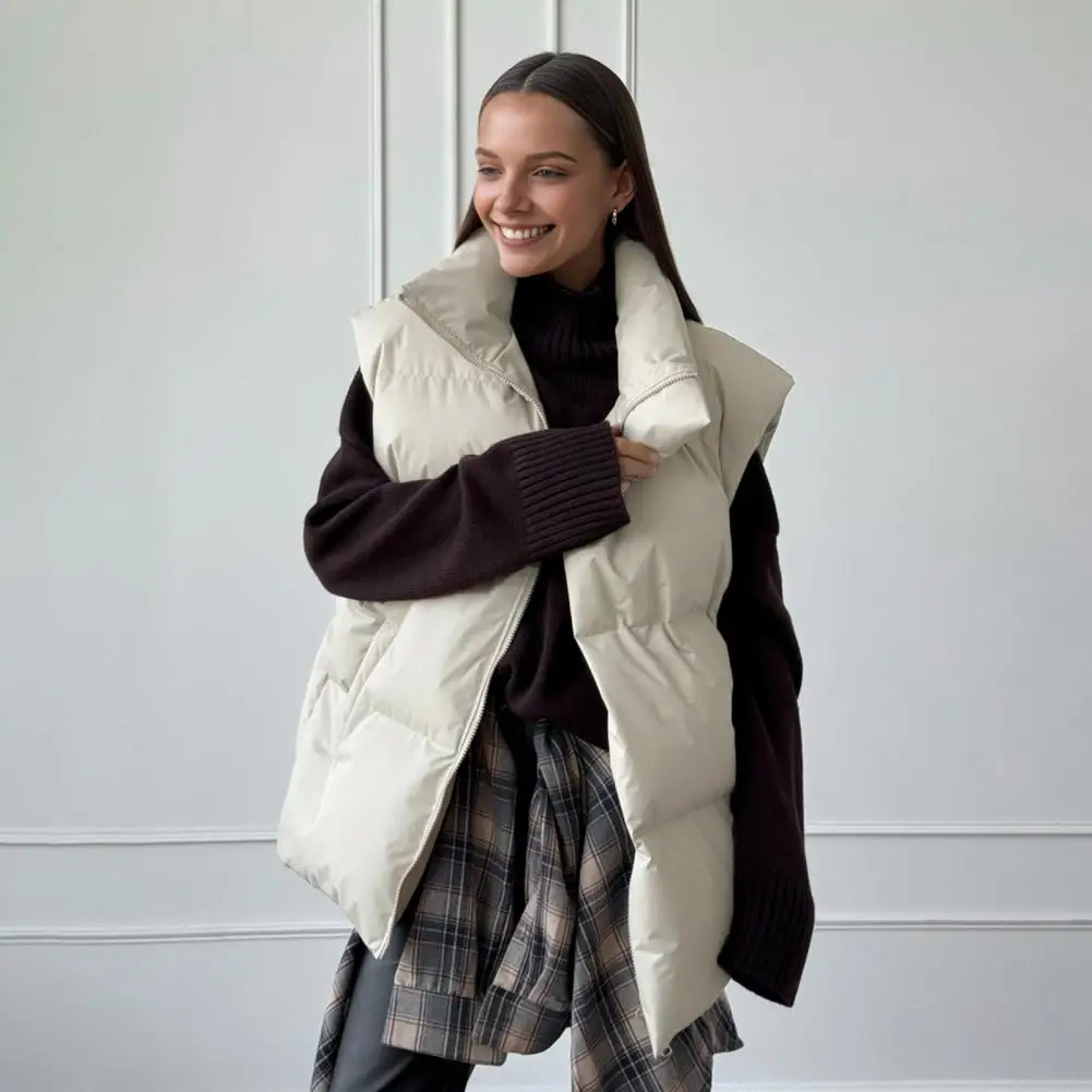 Winter Women Vest Coat Thickened Padded Zipper Closure Puffy Stand Collar Sleeveless Solid Color Winproof Heat Retention Outdoor