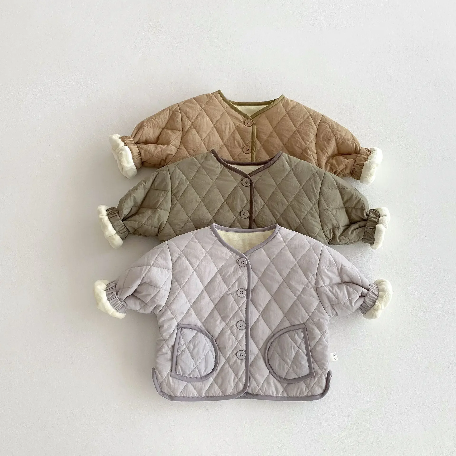 

2024 Winter New in Kids Baby Boys Girls Solid Color Thicken Diamond Plush Top Outfits , Children Clothing Jacket Outwear 0-5Y