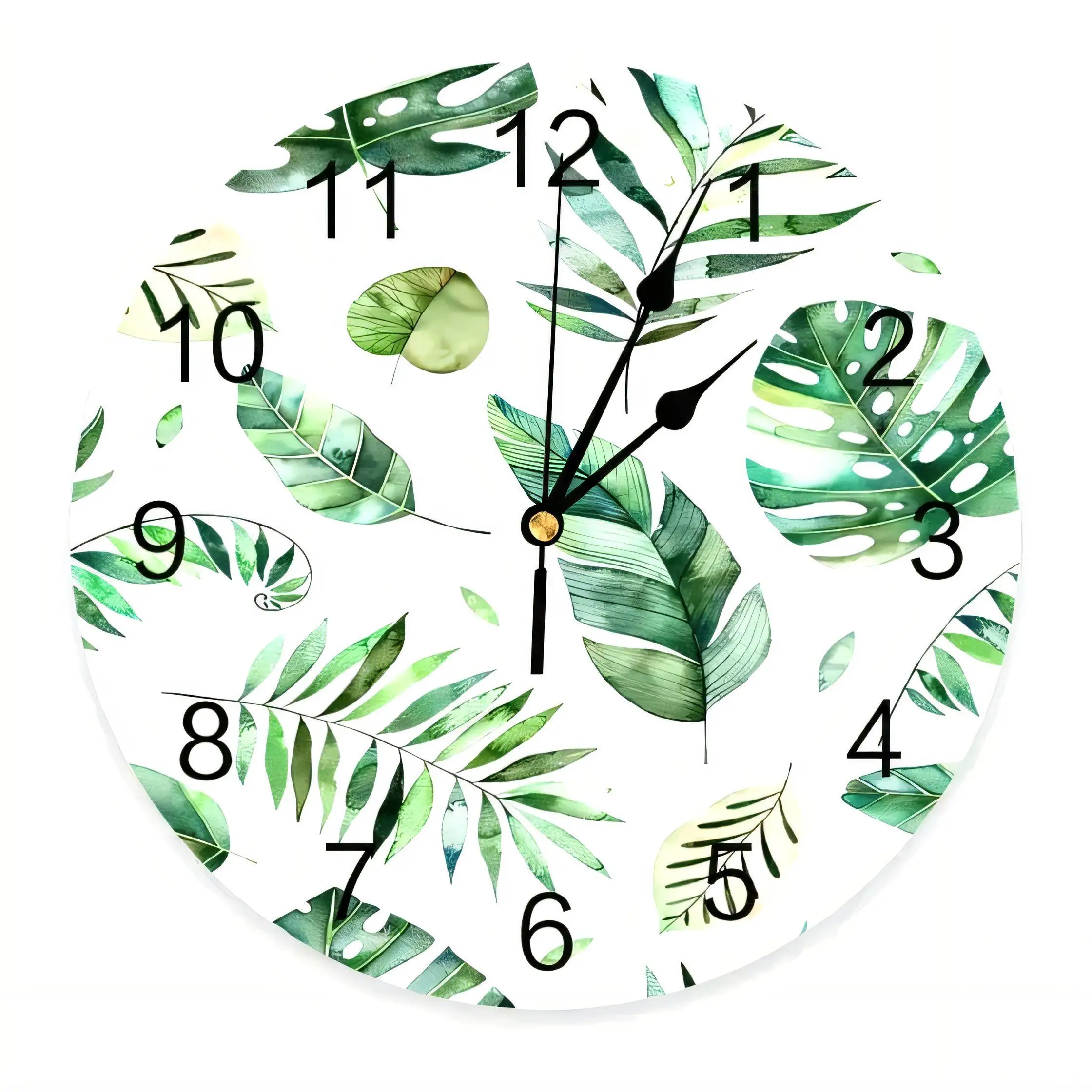 Tropical Leaf Wall Clock  Silent Non Ticking Battery Operated Vintage Home Decor for Living Room Kitchen