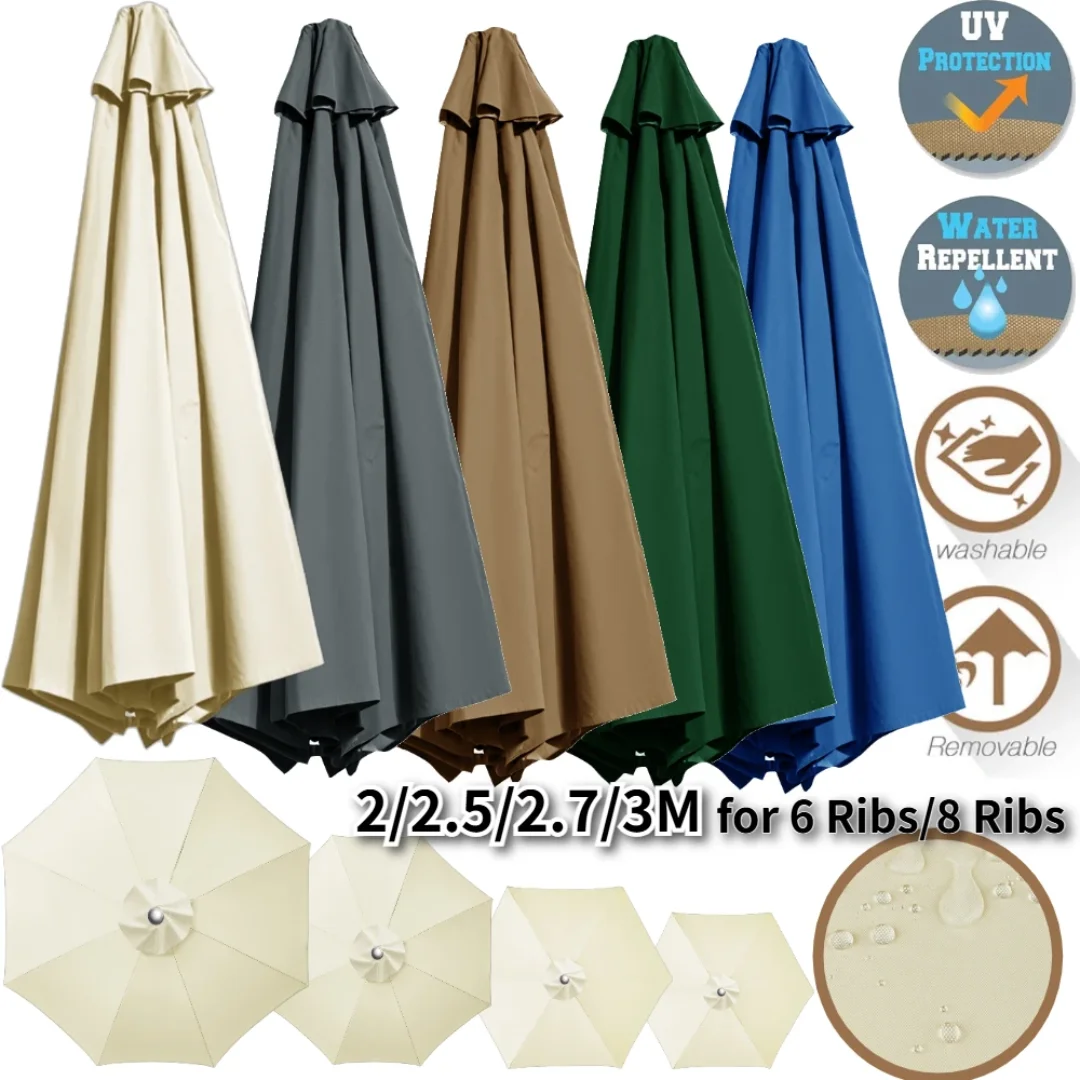 2/2.5/2.7/3M Waterproof Replacement Parasol Canopy 6/8Ribs Sun Umbrella Replacement Garden Patio Parasol Top Cloth Rain Cover