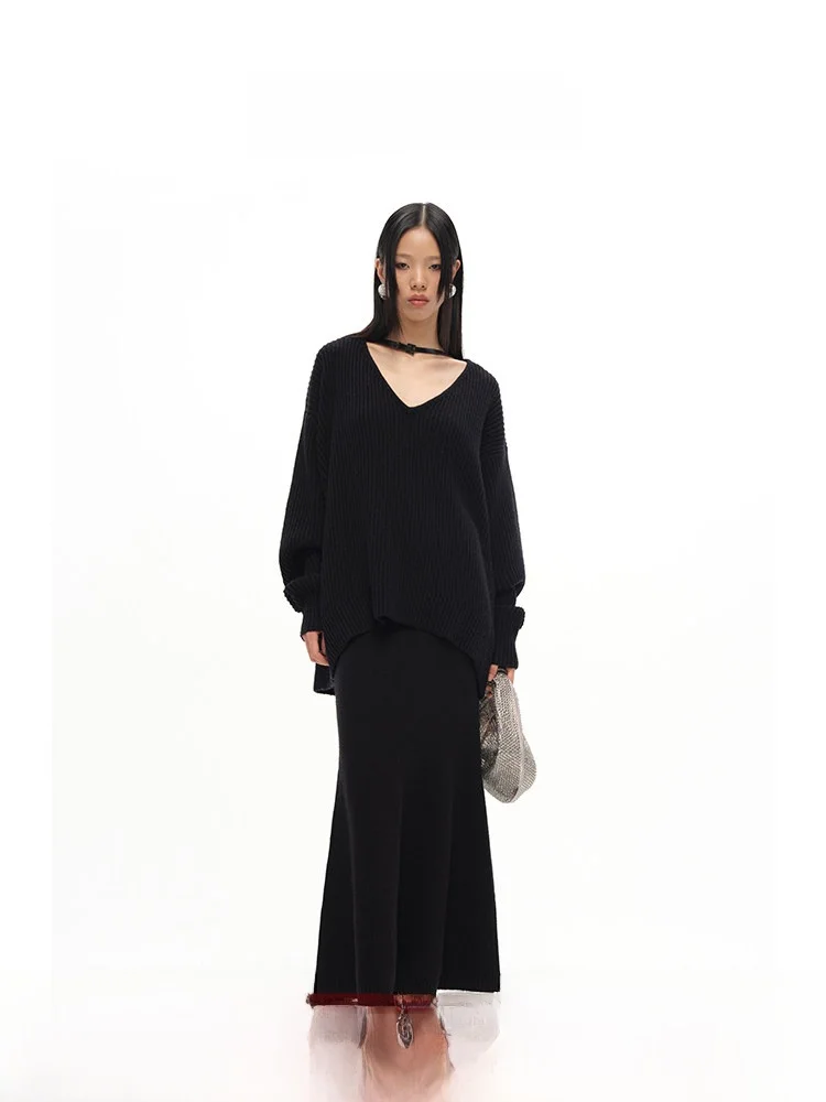 

Свободный свитер с V-образным вырезом и поясом, осенне-зимняя новинка, мягкий, удобный, длинный, женский вязаный свитер для повседневной носки и работы.