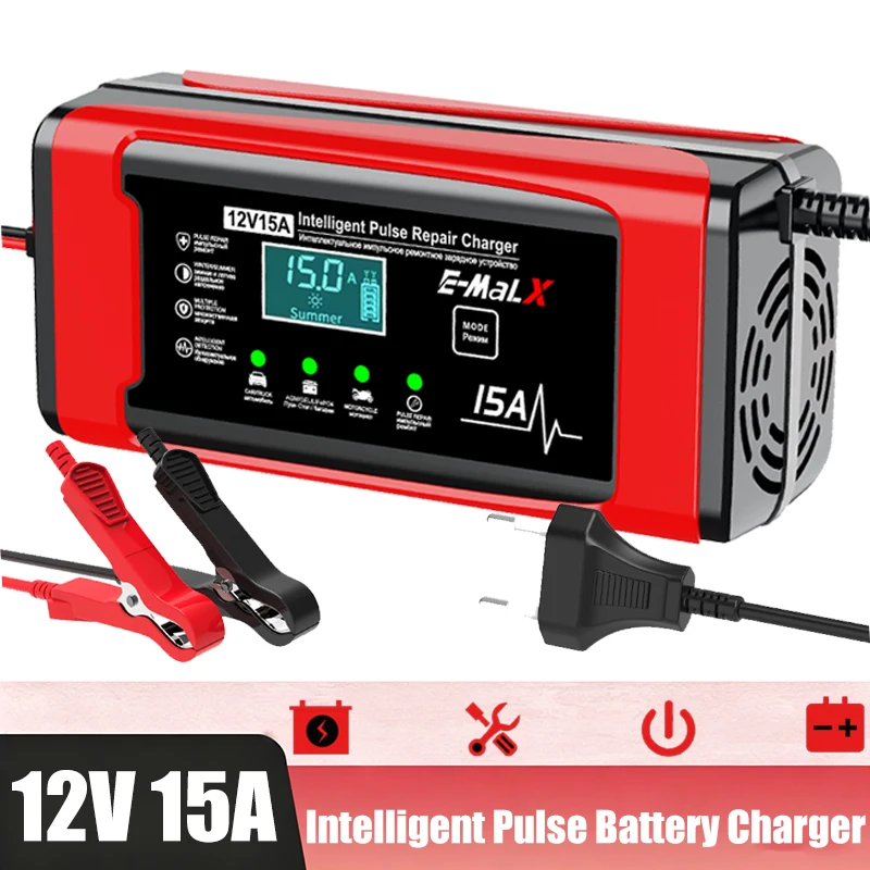 EU Plug 12V 15A Smart Battery Charger Automatic Pulse Repair Charger for Car Motorcycle Truck, Lead-Acid AGM GEL LiFePO4 Battery