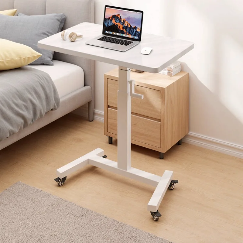 Hand Crank Standing Desk, Mobile Bedside Computer Table, Solid Wood Floor Standing Multifunctional Home Workstation with Wheels