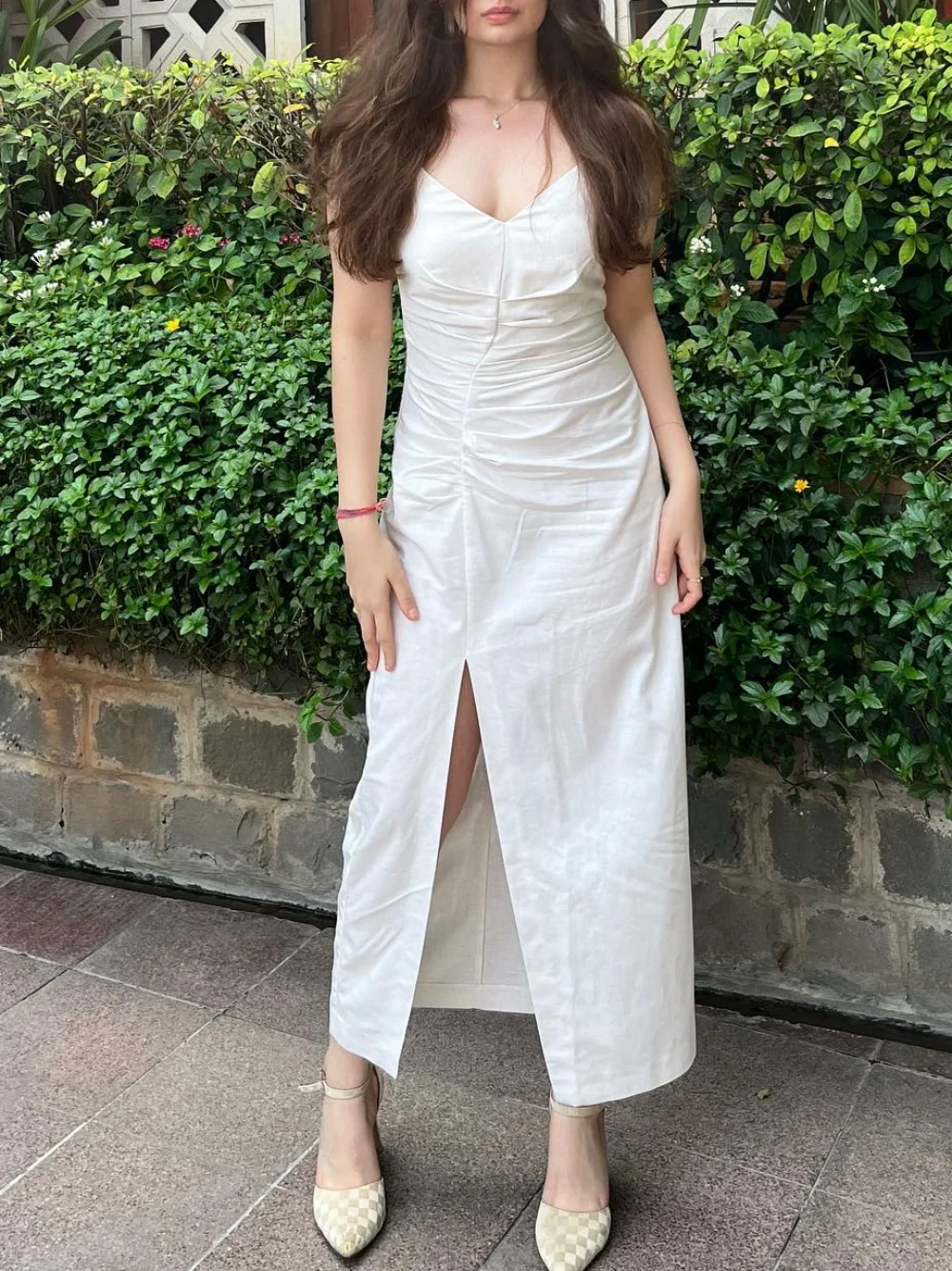 

Elegant Women White Cami Dress Slit Ruched Midi Dress New Fashion Summer 2025 Casual Chic Holiday Date Sheath Dress
