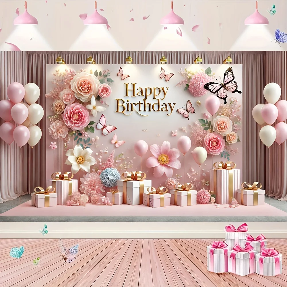 1pc pink theme Birthday party banner, polyester material, multi-size, butterfly and balloon design, suitable for birthday partie