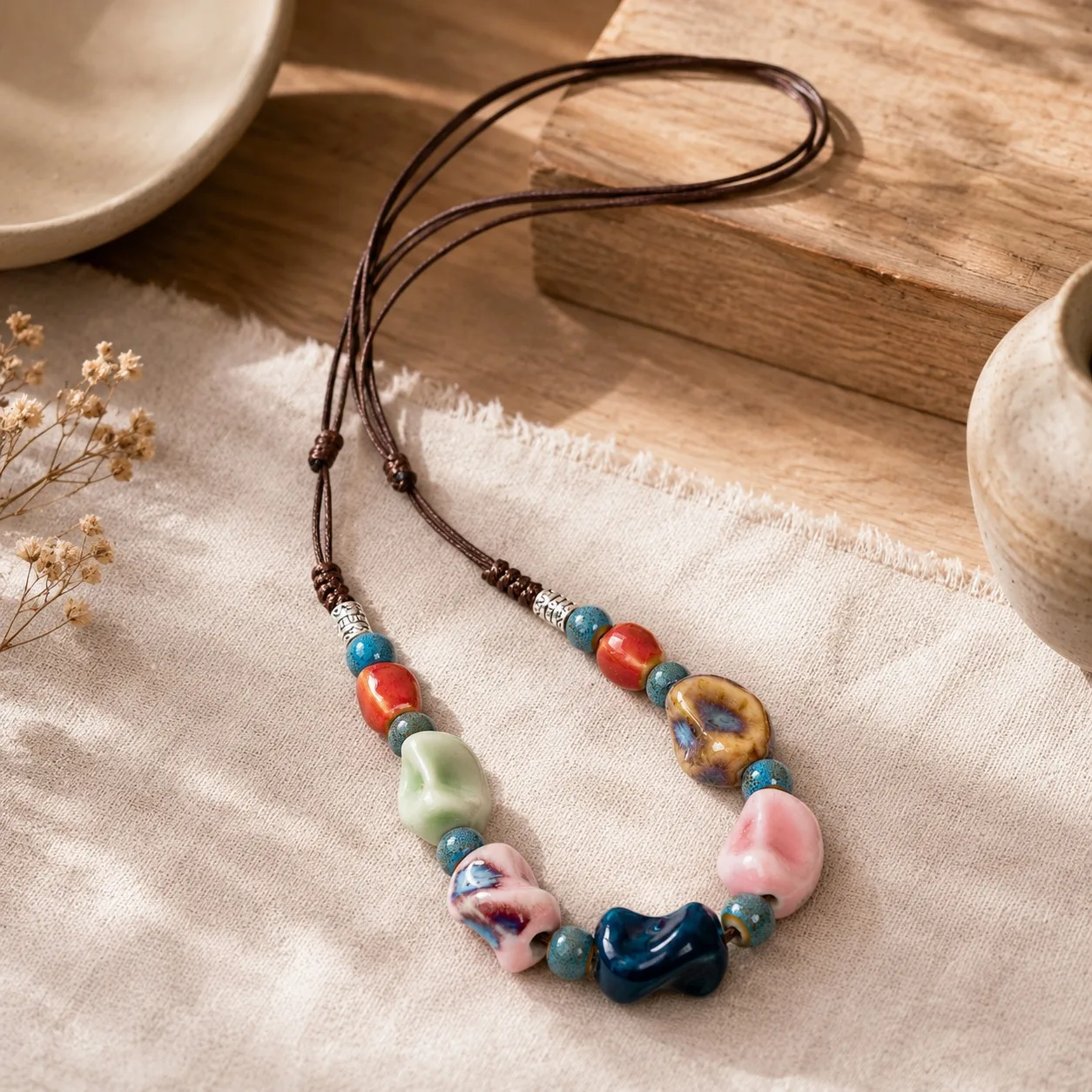 Handgefertigte Mehrfarbige Keramikperlen-Halskette Verstellbare Wachsschnur Kunsthandwerklicher Schmuck Geschenk S04-1010