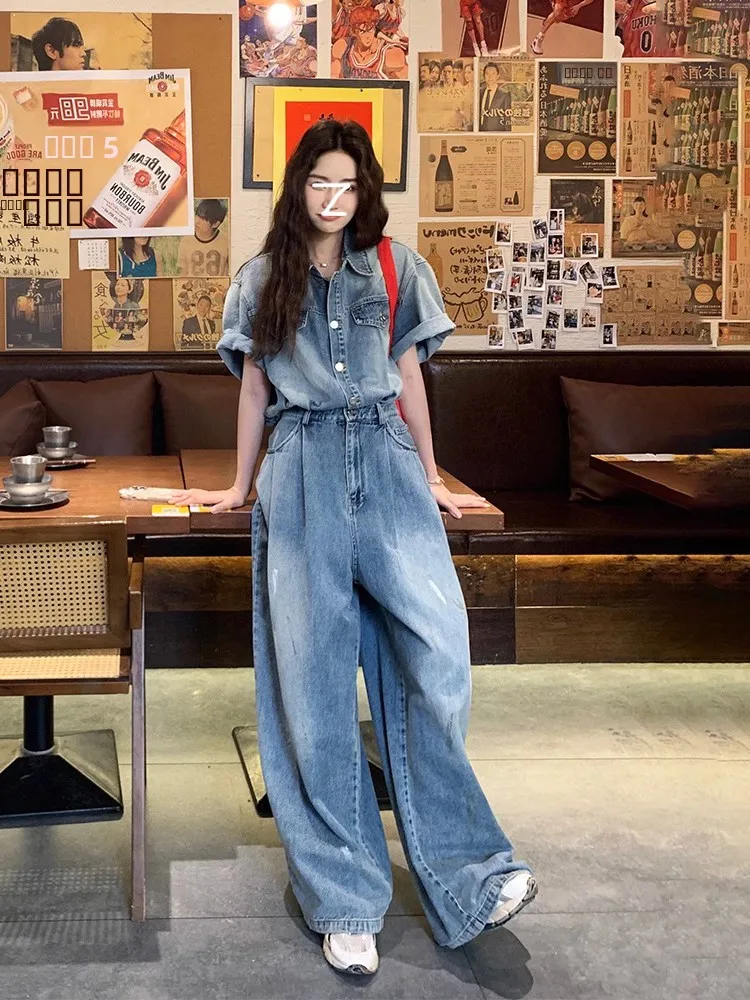 

Retro High-End Feeling Women's Overall Jeans Suit Loose Casual Wide Leg Pants High Waist Long Pants Commute Sle Summer New