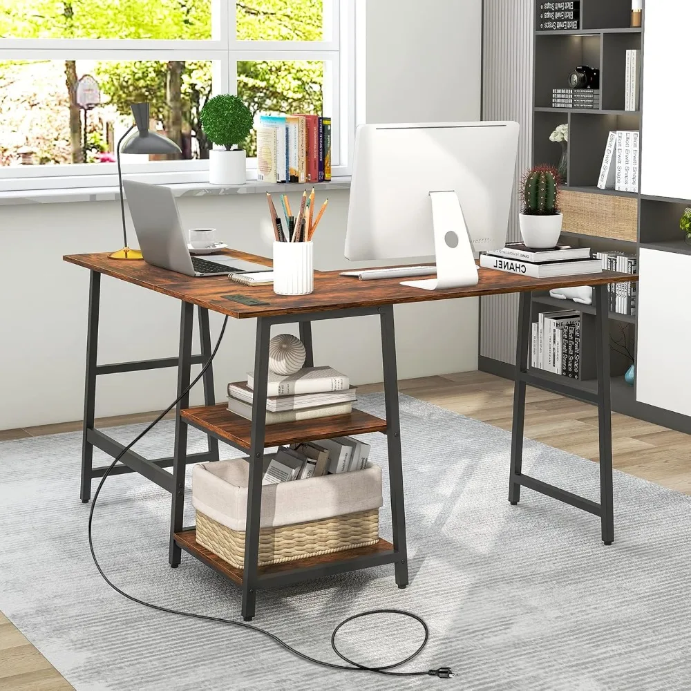 مكتب كمبيوتر على شكل سعة 48 لترًا، مكتب كتابة دراسة زاوية مع منافذ ومنافذ USB، محطة عمل كمبيوتر مكتبية منزلية #4