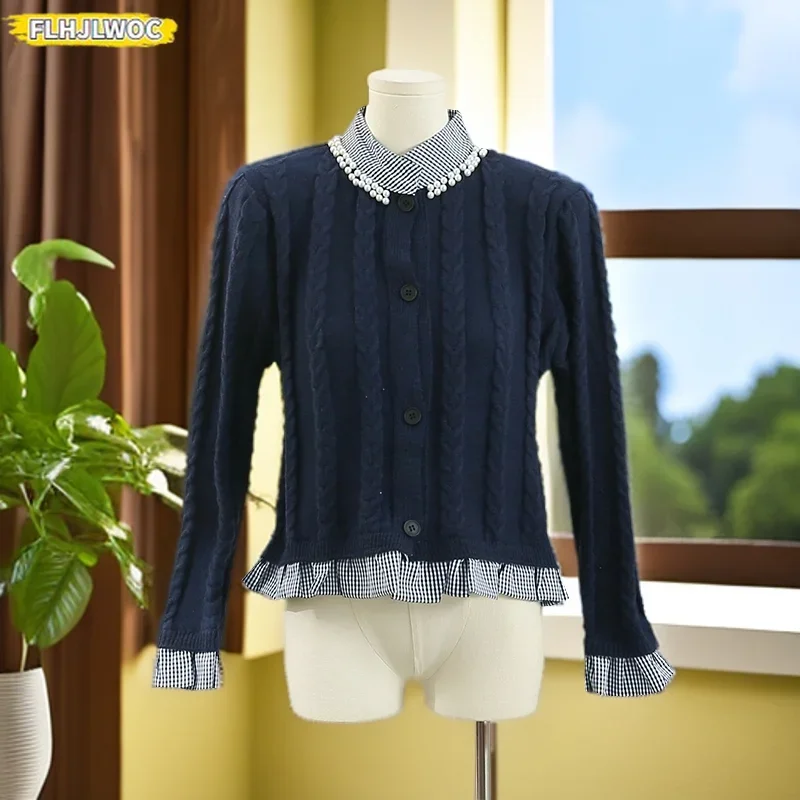 

Осенне-зимнее вязаное пальто для девочек, Япония, Корея, шикарные оборки, искусственные двухсекционные топы с баской, пуговицы из бисера, базовые синие полосатые кардиганы