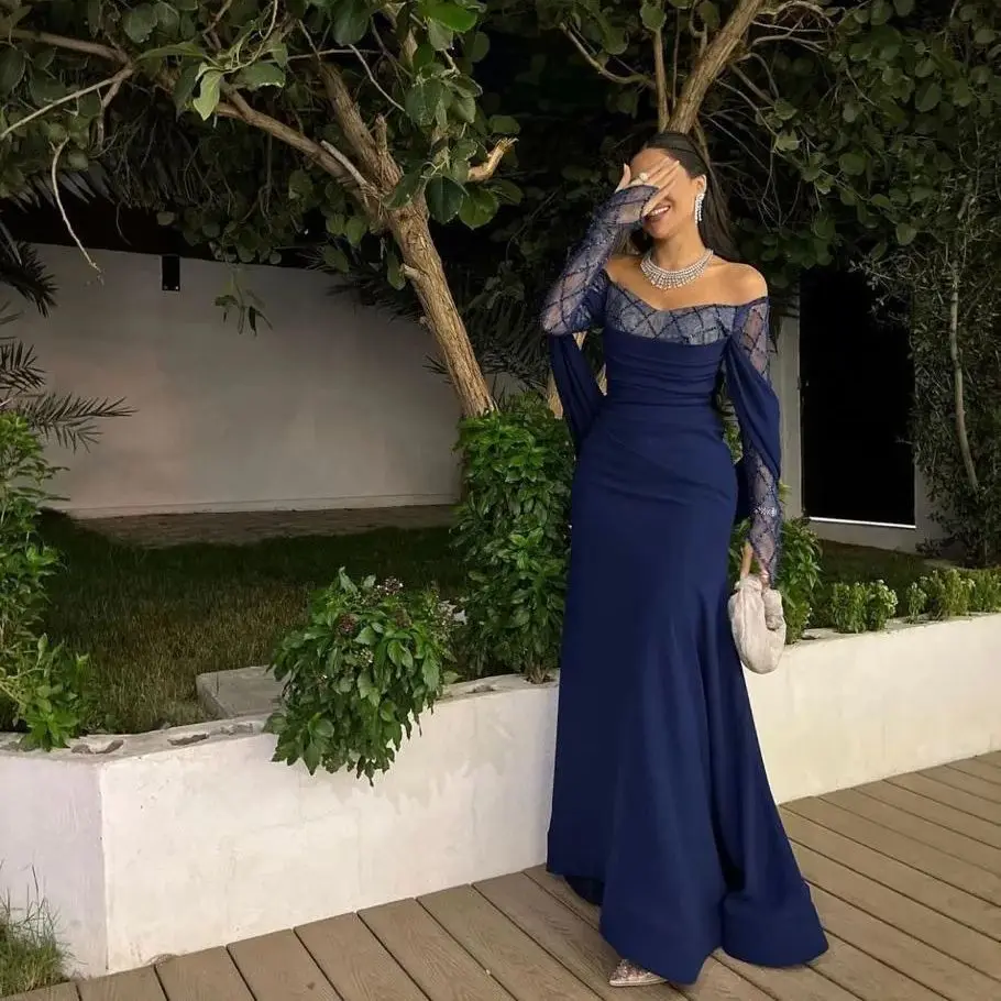 

Elegant Blue Prom Dresses Off Shoulder Long Vestidos de Fiesta for Arabic Women New Beading Prom Party Gowns Customized