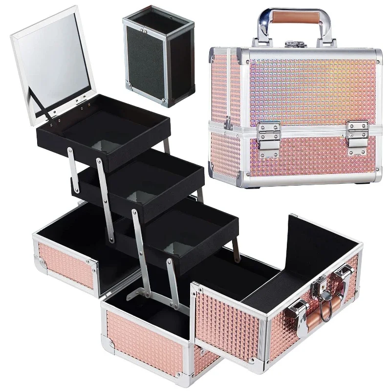 Beauty and manicure tool storage three layers with mirror makeup artist going out portable cosmetic case