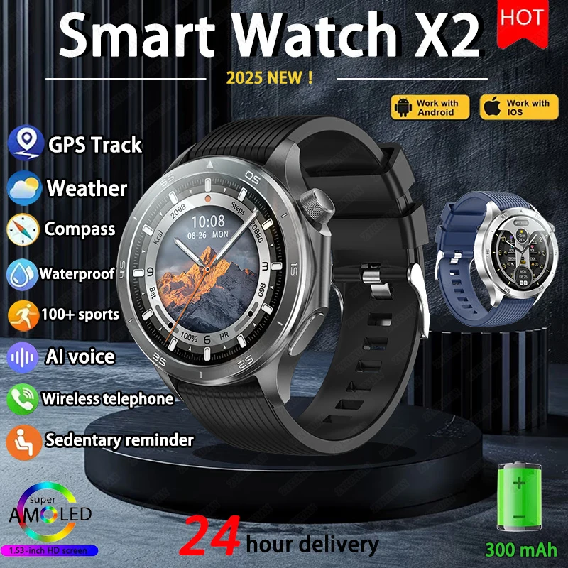 2025 ساعة رجالية جديدة X2 Max بلوتوث دعوة Smartwatch AMOLED HD شاشة البوصلة مراقبة الصحة الرياضة في الهواء الطلق اللياقة البدنية Smartwatch