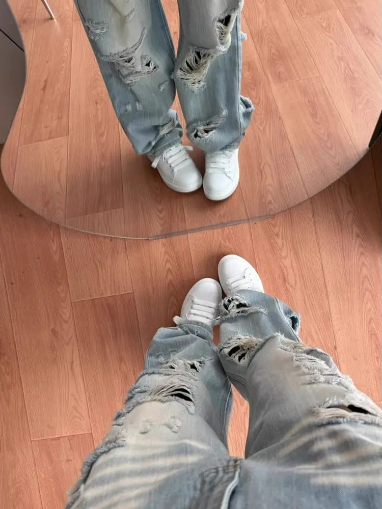 بنطلون جينز ممزق من American High Street Sle للرجال والنساء صيفي جديد فضفاض وواسع الساق للتخسيس طويل القامة بألوان فاتحة للأولاد... #5