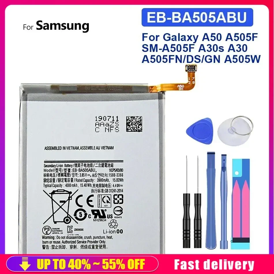 

EB-BA505ABU Аккумулятор 4000 мАч для SAMSUNG Galaxy A50 A505F SM-A505F A505FN/DS/GN A505W A30s Аккумуляторы для мобильных телефонов