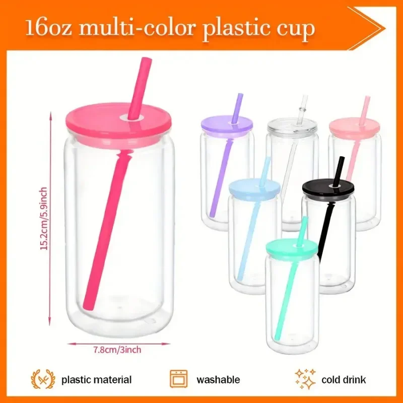 6PCS 16oz Double Wall Insulated Plastic Water Bottles with Straws Lids DIY Snowball Cup with Pre Drilled Hole Reusable Drinkware