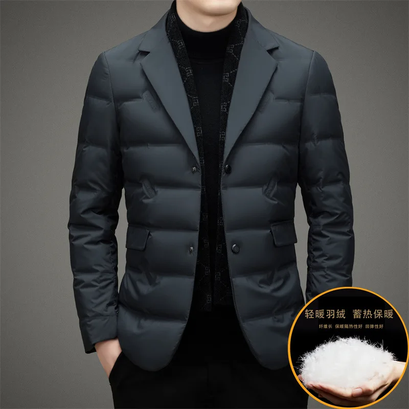 Winter new men's suit collar down jacket light luxury fashion thermal belt scarf casual down suit jacket men