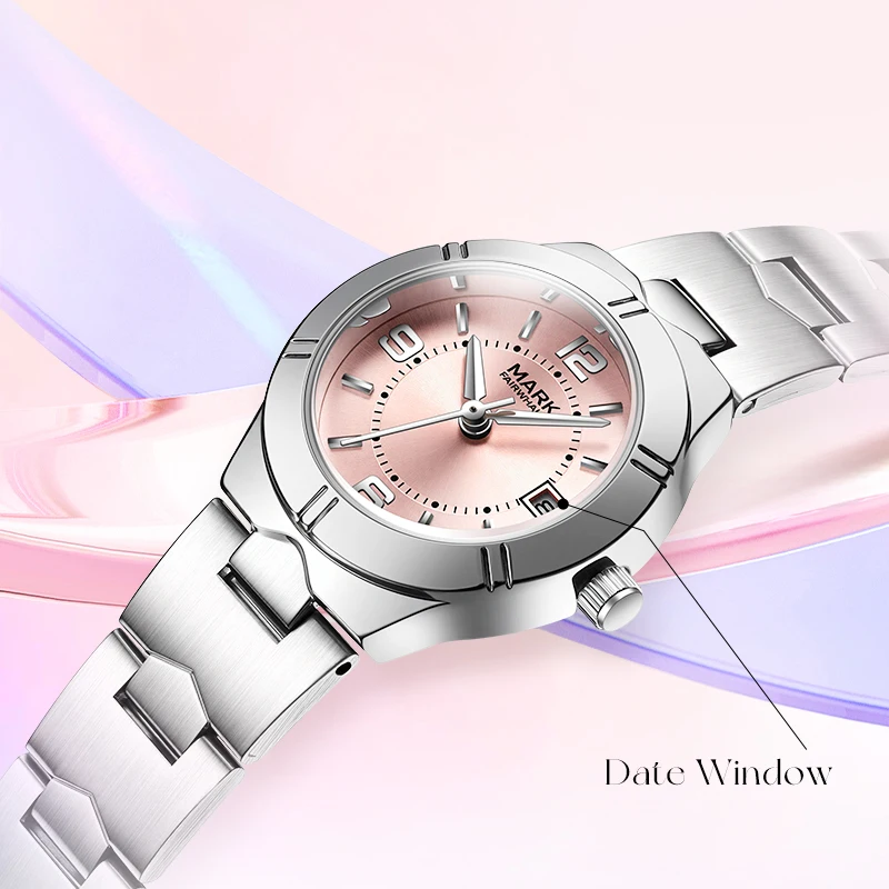MARK FAIRWHALE Women's Watch Quartz Movement Stainless Steel Bracelet High-Clarity Glass Wristwatch Pink/Blue