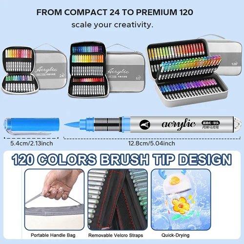Imagen 2 del producto Rotuladores de pintura acrílica de alta cobertura, juego de bolígrafos de pintura acrílica con punta de pincel para manualidades y suministros de arte, Kit de dibujo con bolsa de lona