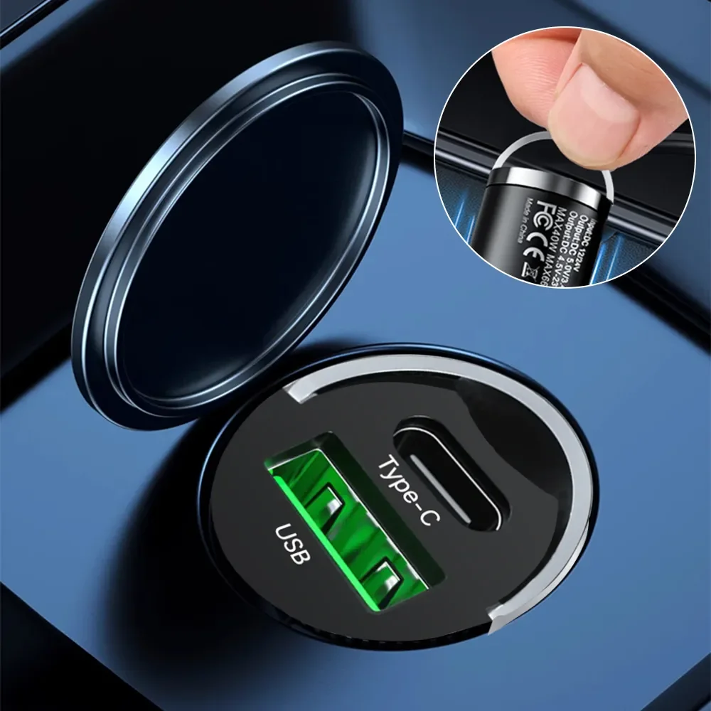Mini Car Charger Dual Port USB C and USB A Fast Charging Flush Fit Auto Adapter with Pull Ring For Phones Tablets and Dash Cams