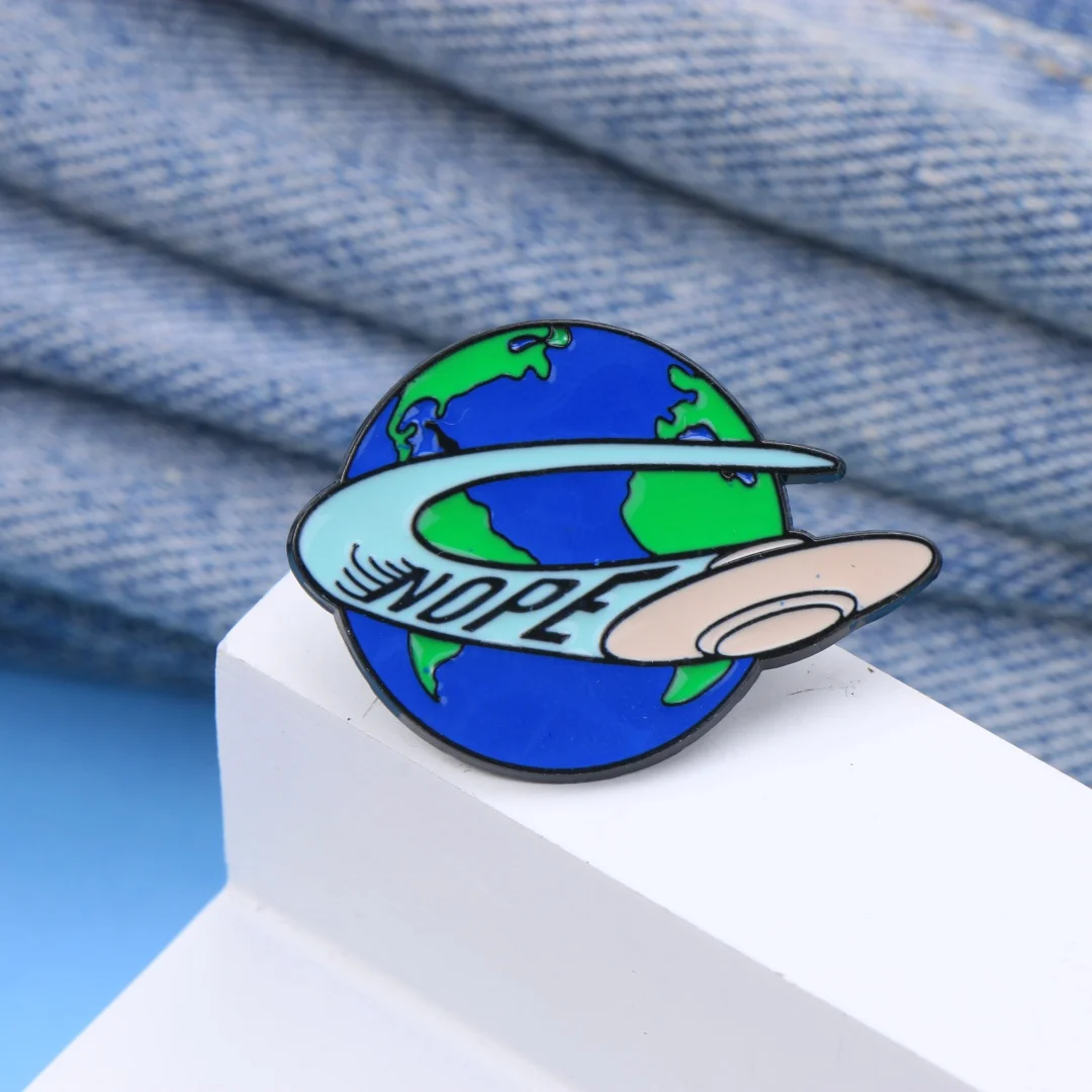 Nope UFO Earth Enamel Lapel Pin Funny Space Alien Metal Badge Backpack Clothes Decor Brooch Sci-Fi Lover Gift