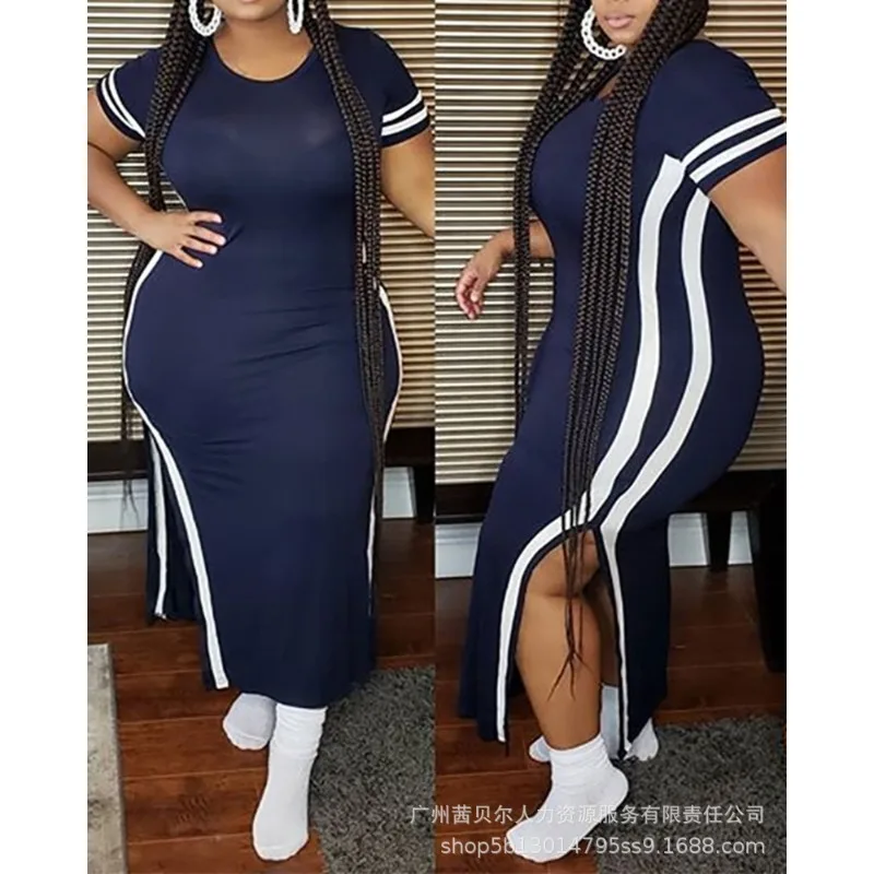 

Matching Dress Women Slim Fits Split Casual Y2K Long Madi Dress Round Neck Short Sleeve Blue and White Color Sheath Dress