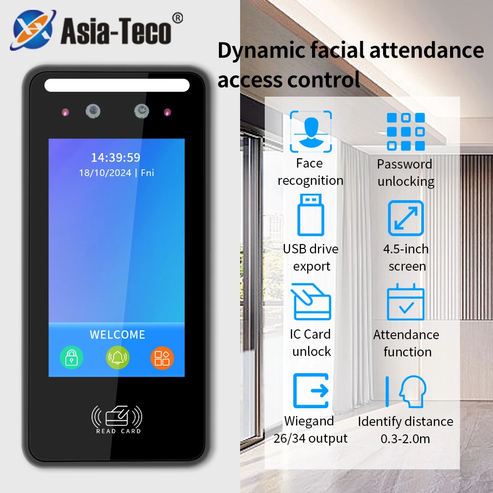 Wall Mount Dynamic facial recognition attendance andaccess control machine 1000face for security protection With MQTT wiegand26