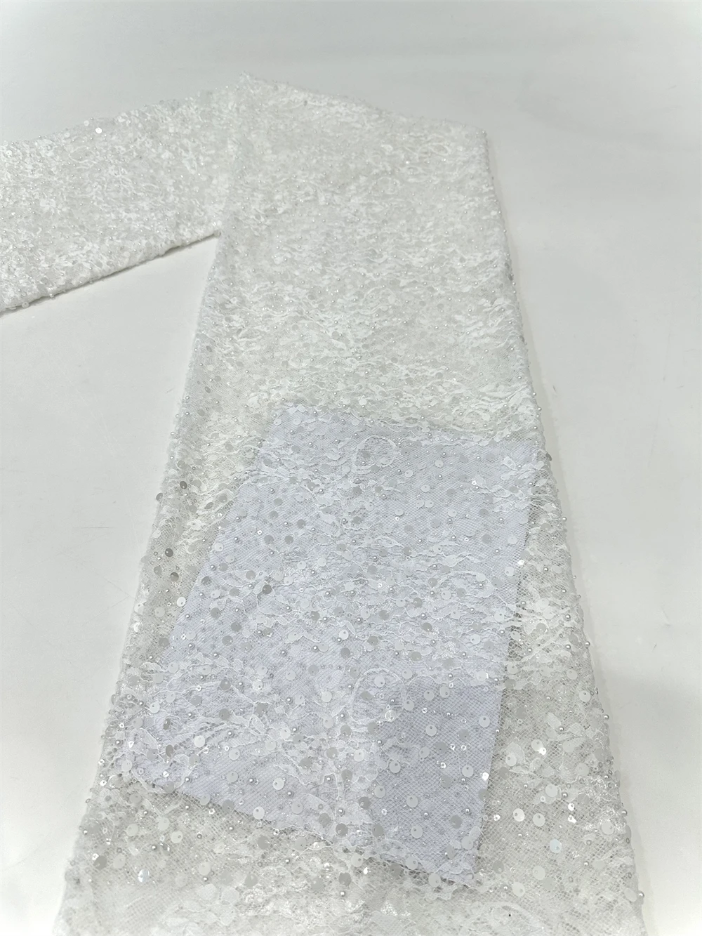 French African Groom Lace Fabric 2025 Beaded High Quality Embroidery For Women Wedding Dress Nigerian Sequin Lace Fabric 5 Yards image 3