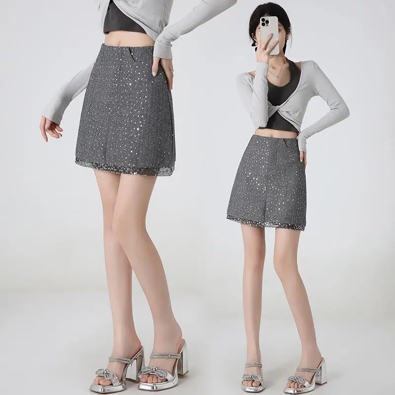 Black Gray Sequin Skirt Women Spring Summer Fashion High Waist Slim Sexy Short Mini Skirt Casual Pocket Straight Skirt