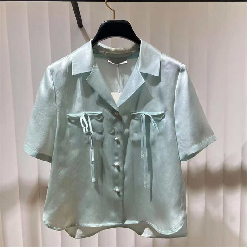 

Ele Acetate Fabric ort Sve irt Women's Thin V-ne Classic Sle Commute Wind Straight Cut Pure Color Button Closure