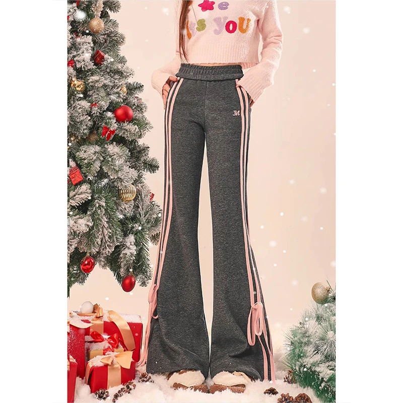 

Y2k Fairycore Bow Sweatpants Women Korean Fashion Ribbon Gray Jogger Pants Harajuku Sweet Girly Striped Flare Trousers 2024 New