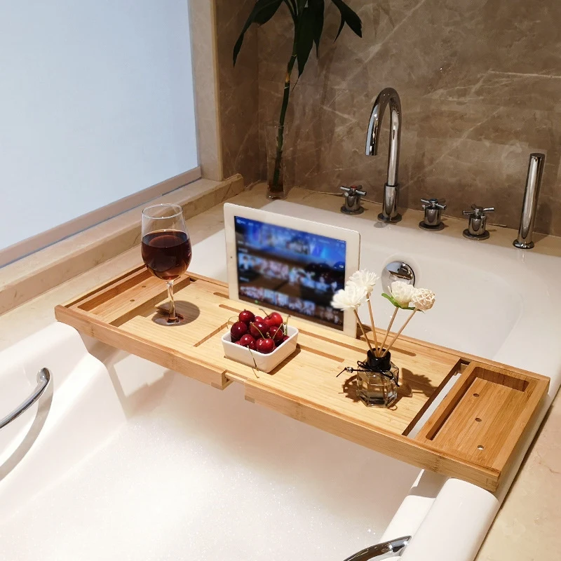 Extendable Bathtub Trays Bamboo Spa Bathtub Organizer Book Wine Holder Non Slip Bottom Sides Bathroom Storage Racks